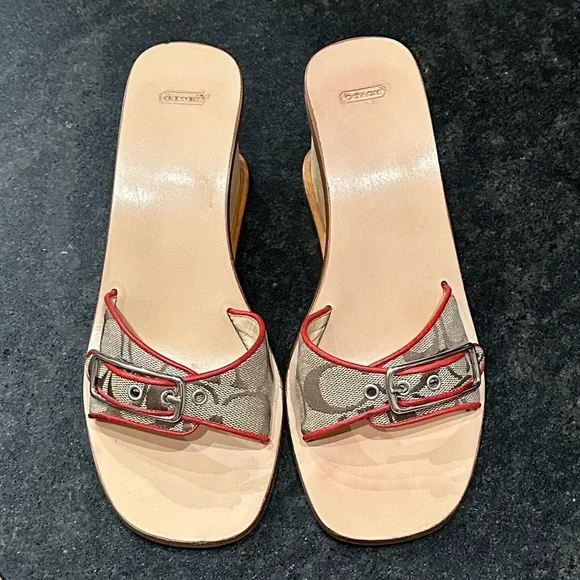 *rare* COACH Honey Wood Platform Wedge Logo Signature Tan/Red Size 7.5 - Picture 5 of 8